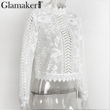 Glamaker sexy white lace blouse shirt Women tops elegant hollow out blouse Summer tops female blouse  long sleeve blusas