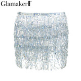Glamaker Tassel fringe sequin women skirt Summer style beach short mini skirt Female sexy party high waist bandage skirt bottom