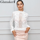 Glamaker sexy white lace blouse shirt Women tops elegant hollow out blouse Summer tops female blouse long sleeve blusas