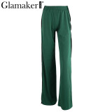 Glamaker Sexy side split women casual pants Autumn button loose wide leg pants Fashion beach trousers harem pants