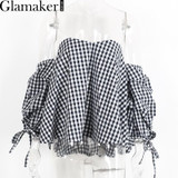 Glamaker Sexy plaid off shoulder blouse shirt women striped backless Slim elegant beach blouse shirt blusas women tops summer