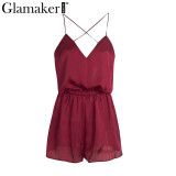 Glamaker Sexy satin elegant jumpsuit romper Summer casual party club jumpsuit Women black playsuit overalls female beach wear