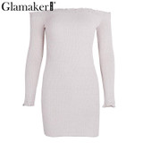 Glamaker Sexy off shoulder bodycon dress women Elegant ruffle long sleeve short dress Knitting wrap mini party dress vestidos
