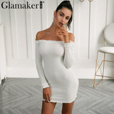 Glamaker Sexy off shoulder bodycon dress women Elegant ruffle long sleeve short dress Knitting wrap mini party dress vestidos