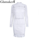 Glamaker Sexy hollow out white lace dress Women elegant ruffle black mini dress vestidos Autumn female bodycon christmas dress