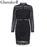 Glamaker Sexy hollow out white lace dress Women elegant ruffle black mini dress vestidos Autumn female bodycon christmas dress