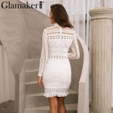 Glamaker Sexy hollow out white lace dress Women elegant ruffle black mini dress vestidos Autumn female bodycon christmas dress