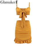 Glamaker Ruffle halter women dress vestidos Sexy v nerk party dress summer Bow tie bodycon mini dress female two piece dresses