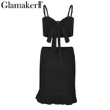 Glamaker Ruffle halter women dress vestidos Sexy v nerk party dress summer Bow tie bodycon mini dress female two piece dresses