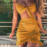 Glamaker Ruffle halter women dress vestidos Sexy v nerk party dress summer Bow tie bodycon mini dress female two piece dresses