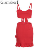 Glamaker Ruffle halter women dress vestidos Sexy v nerk party dress summer Bow tie bodycon mini dress female two piece dresses