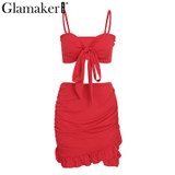 Glamaker Ruffle halter women dress vestidos Sexy v nerk party dress summer Bow tie bodycon mini dress female two piece dresses