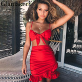 Glamaker Ruffle halter women dress vestidos Sexy v nerk party dress summer Bow tie bodycon mini dress female two piece dresses