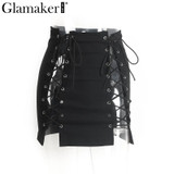 Glamaker Lace up summer skirts Women casual black slim mini skirt Clubwear sexy short skirt party