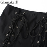 Glamaker Lace up summer skirts Women casual black slim mini skirt Clubwear sexy short skirt party