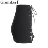 Glamaker Lace up summer skirts Women casual black slim mini skirt Clubwear sexy short skirt party