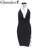 Glamaker Hot drilling chain sexy women dress Side split deep v neck 2018 summer dress vestidos Backless club party dress
