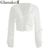 Glamaker Hollow out mesh white lace blouse shirt Women tops transparent lace up casual blouse See-through female blouse blusas