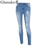 Glamaker Hole hollow out jeans Women blue denim jeans casual pants Sexy slim skinny pants high waist trousers streetwear bottom