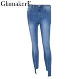 Glamaker High waist women jeans plus size Casual streetwear irregular blue denim jeans pants Female summer skinny jeans bottom