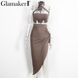 Glamaker Halter two piece split sexy women dress Elegant evening party dress vestidos Spring club bandage summer dress Female