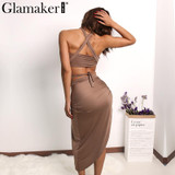 Glamaker Halter two piece split sexy women dress Elegant evening party dress vestidos Spring club bandage summer dress Female
