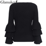 Glamaker Flare sleeve elegant sweater women Casual knitted sweater pullover female elastic winter sweater jumper women christmas