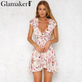 Glamaker Floral summer dress women Sexy boho deep v neck sundress casual dress Short sleeveless beach dress vestidos club party