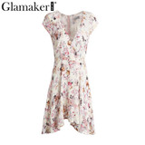 Glamaker Floral summer dress women Sexy boho deep v neck sundress casual dress Short sleeveless beach dress vestidos club party