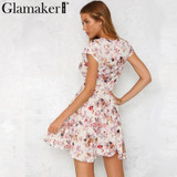 Glamaker Floral summer dress women Sexy boho deep v neck sundress casual dress Short sleeveless beach dress vestidos club party