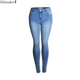 Glamaker Fashion pearl deco denim jeans women Sexy bodycon skinny blue jeans trousers Mid waist streetwear jeans female bottom