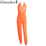 Glamaker Deep v neck halter mesh jumpsuit romper Summer casual jumpsuit women Sexy party loose transparent jumpsuit overalls