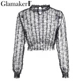 Glamaker Black transparent mesh top tees t-shirt Long sleeve women crop top shirt Sexy hollow out cami crop top women tops party