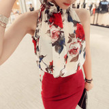 gkfnmt 2018 New Fashion Women Sleeveless Chiffon Floral Print Blouse Ruffles Turtleneck Tops Shirt Blusas Feminine XXL