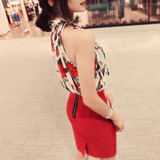 gkfnmt 2018 New Fashion Women Sleeveless Chiffon Floral Print Blouse Ruffles Turtleneck Tops Shirt Blusas Feminine XXL