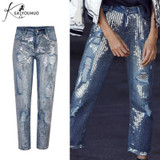 2018 Summer Women Loose High Waist Vintage Hole Jeans Woman Denim Sequins Jeans Pants Boyfriend Ripped Jeans For Women Trousers