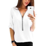 2018 Summer White Blouse Women Sexy V Neck Woman Shirt Elegant Zipper Tops Formal Clothing Office Lady Blusas Femininas Q4