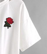 2018 summer V-neck Embroidered Rose Short T-shirt