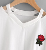 2018 summer V-neck Embroidered Rose Short T-shirt