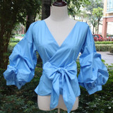 2018 Summer Puff Sleeve White Blouse with Belt Women Sexy V Neck Woman Shirt Elegant Plaid Tops Formal Clothing for Office lady