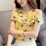 2018 Summer Print Floral Chiffon Blouse Women Off Shoulder Shirts Short Sleeve Blouses Casual Ladies Clothing Blusas Women Tops