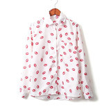 2018 Summer Lip Print Women Chiffon Tops and Blouse Plus Size Casual Loose Long Sleeve Chiffon Blouse Shirt Office Lady Tops