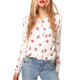 2018 Summer Lip Print Women Chiffon Tops and Blouse Plus Size Casual Loose Long Sleeve Chiffon Blouse Shirt Office Lady Tops