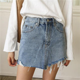 2018 Summer Jeans Skirt Women High Waist Jupe Irregular Edges Denim Skirts Female Mini Washed Casual Pencil Skirt