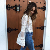 New 2018 Summer Fashion bell sleeve laced crop tops sexy o-neck white blouses ladies casual shirts