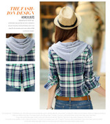 New 2018 Spring Women Shirt Fashion Plaid Hooded Shirt Flannel Shirt Long Sleeve Women Blouses Shirt Cotton Blusas British style