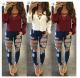 New 2018 Skinny Jeans Women Denim Pants Holes Destroyed Knee Pencil Pants Casual Trousers Jeans Stretch Ripped Jeans