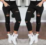 New 2018 Skinny Jeans Women Denim Pants Holes Destroyed Knee Pencil Pants Casual Trousers Black White Stretch Ripped Jeans