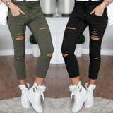 New 2018 Skinny Jeans Women Denim Pants Holes Destroyed Knee Pencil Pants Casual Trousers Black White Stretch Ripped Jeans