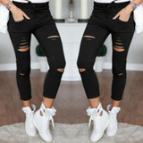 New 2018 Skinny Jeans Women Denim Pants Holes Destroyed Knee Pencil Pants Casual Trousers Black White Stretch Ripped Jeans